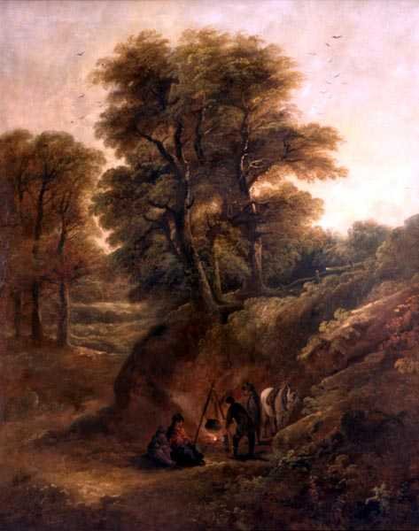 Skogbevuxen landskap med zigenare runt en eld (olja på duk) av Joseph Barker