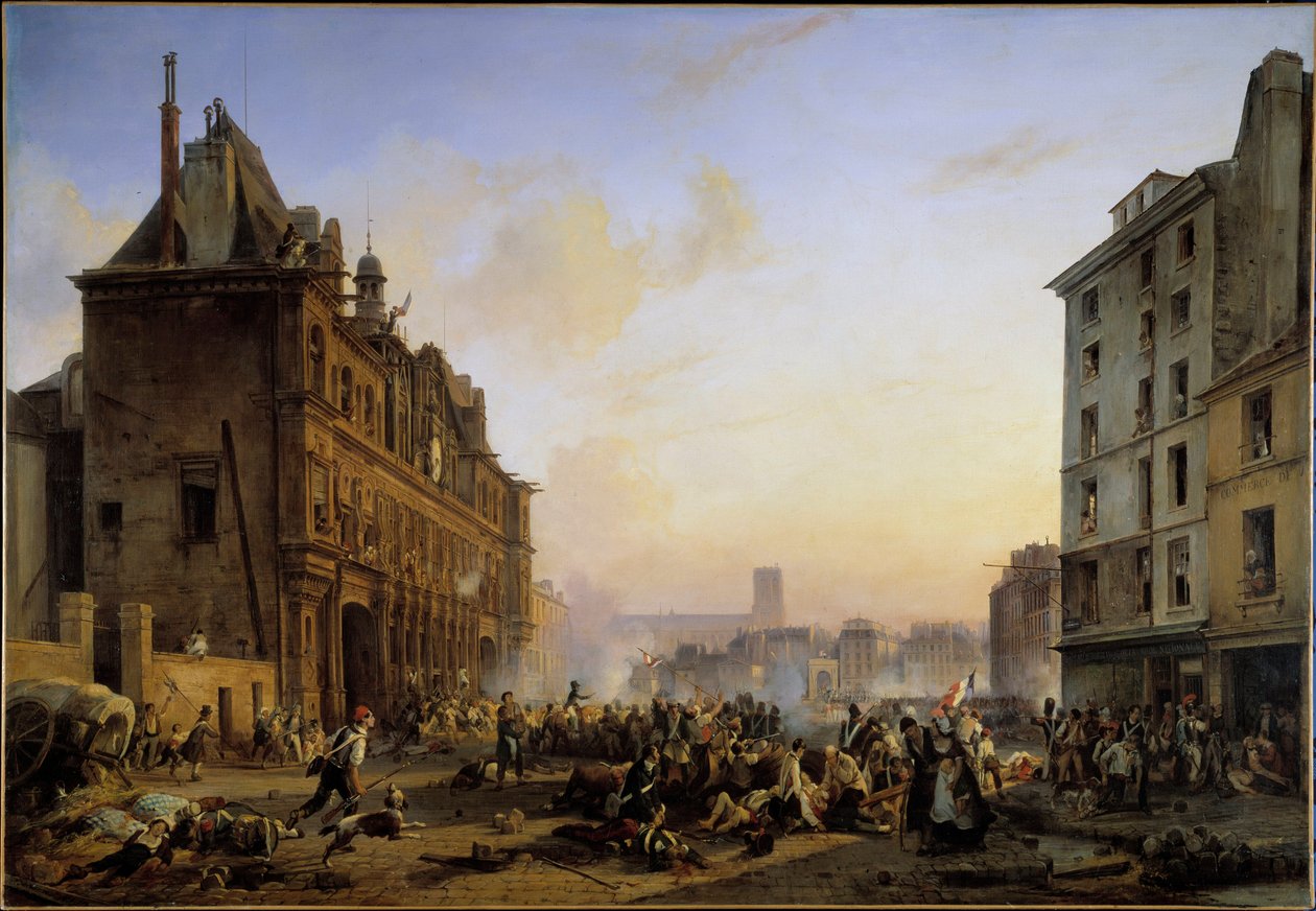 Les Trois Glorieuses (27, 28 och 29 juli): "" Attack av Paris stadshus den 28/07/1830"" Målning av Joseph Beaume (1796-1885) 1831 Sön. 1,45x2,1 m av Joseph Beaume