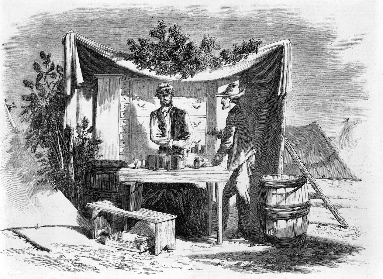Scener från lägret - ett apotek i armén - sjukhusföreståndaren, från en skiss av vår specialkonstnär Joseph Becker, pub. 1864 av Joseph Becker