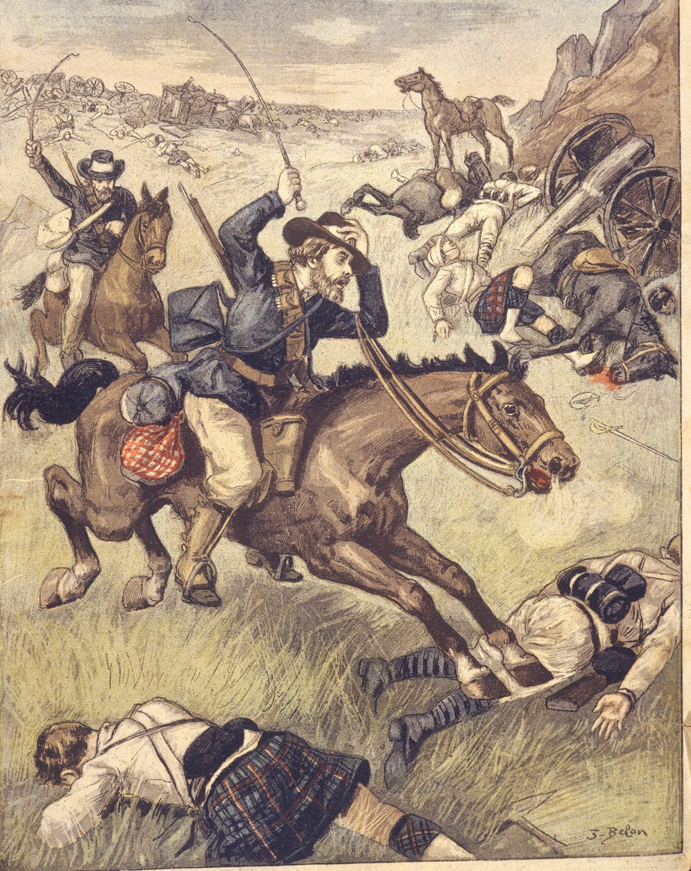 Boerkommandot attackerar brittisk patrull under anglo-zulu- och anglo-boerkrigen 1850-1902, illustration av Joseph Belon