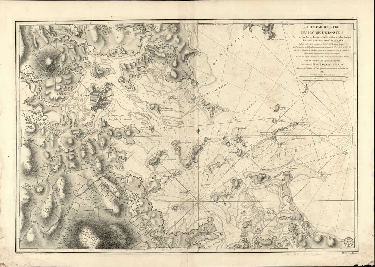 Ett speciellt diagram över hamnen i Boston, som visar sonderna, sandrelarna, klipporna, amaien och andra riktningar som är användbara vid navigering. av Joseph Bernard; Des Barres Chabert