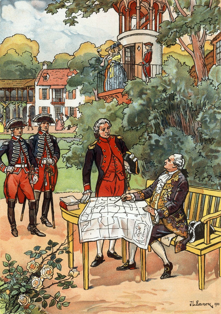 Franske kungen Ludvig XVI och navigatören Jean Francois de Galaup, comte de Laperouse (1741-1788) 1785, illustration av JL Beuzon 1933 av Joseph Beuzon