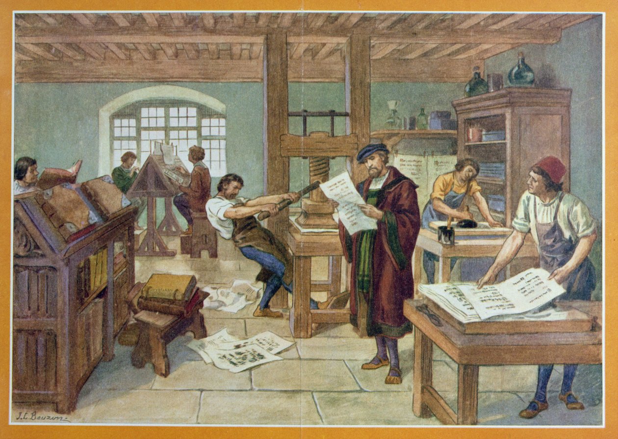 The Invention av Gutenberg av Moveable Type tryckning, illustration från "First Book of French History" av A. Aymard, utgiven av Hachette av Joseph Beuzon