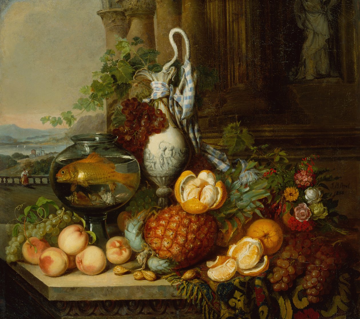 Stilleben med frukt, fiskskål och landskap av Joseph Biays Ord