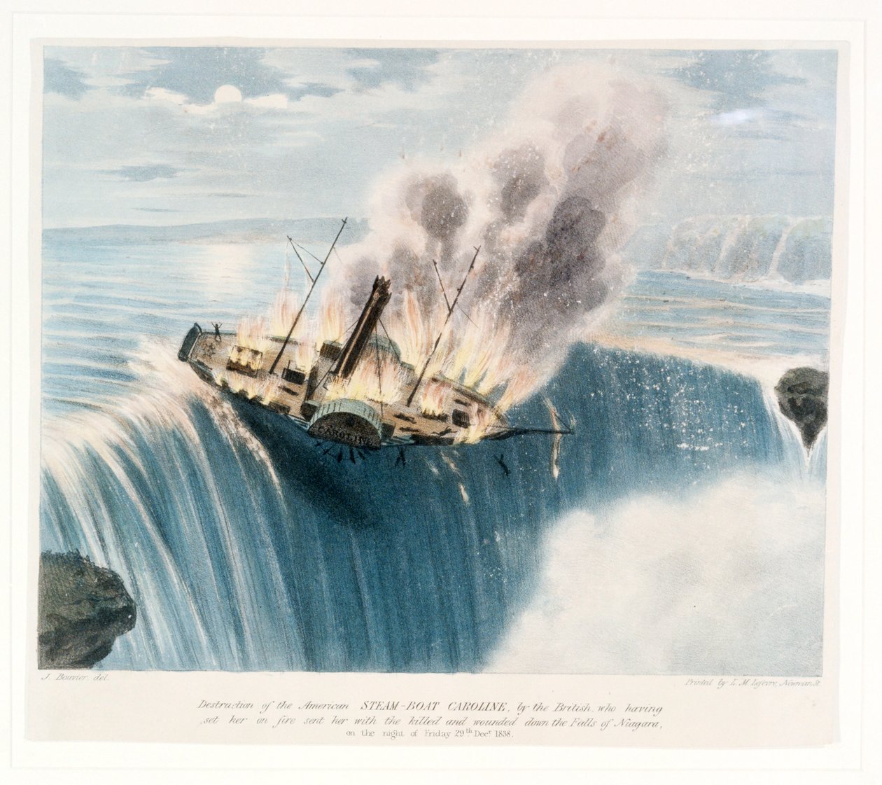 Den amerikanska ångbåten Caroline förstördes av britterna, som efter att ha tänt eld på henne skickade ner henne med döda och skadade i Niagarafallen natten till fredagen den 29 december. 1838 av Joseph Bouvier