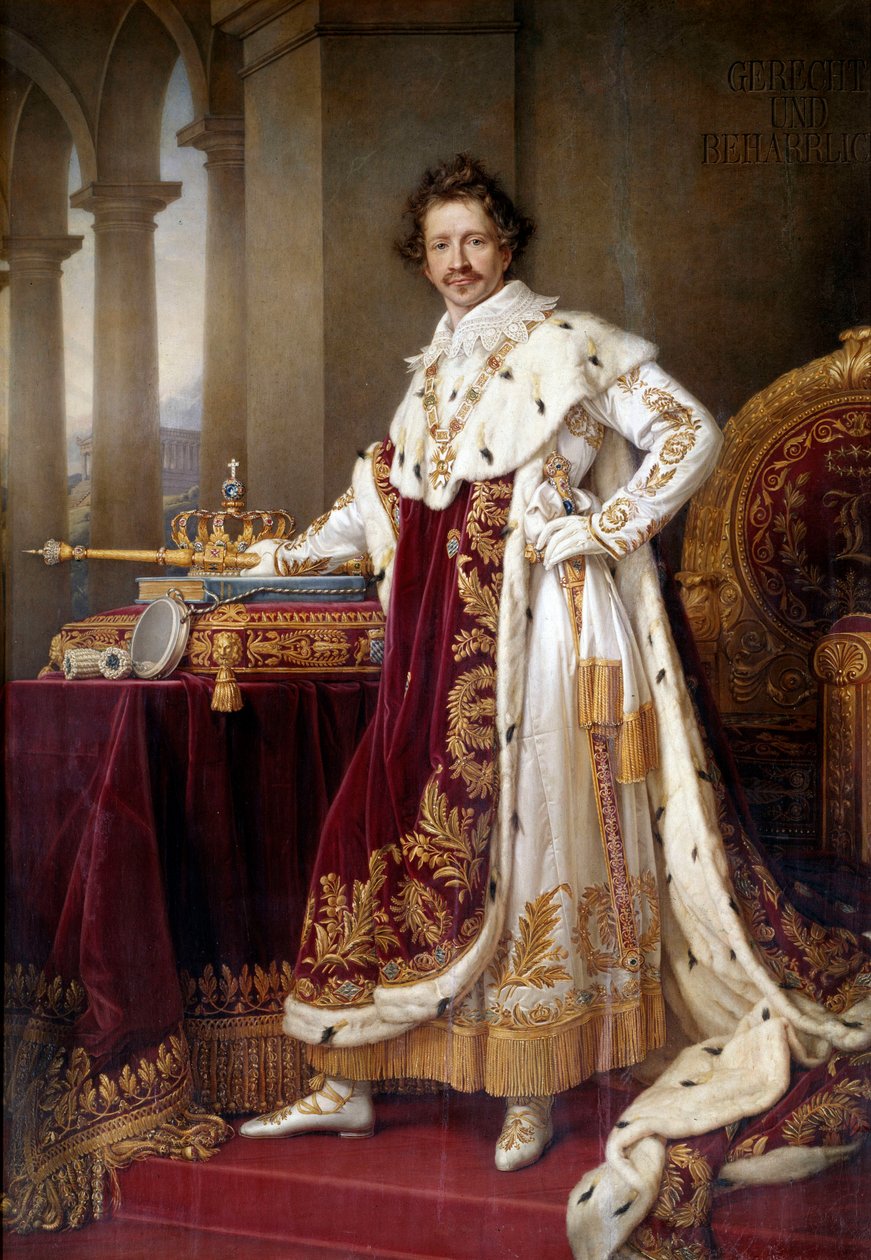 Portrait en pied de Louis I de Baviere (1786-1868) en costume de corre Målning av Joseph Karl Stieler (1781-1858) (ec.all.) 1826 Sön. 1,44x2,71 m München. Neue Pinakothek - Porträtt av Ludwig I av Bayern (1786-1868) i kröningsklänningar. Målning av Jose av Joseph Carl Stieler