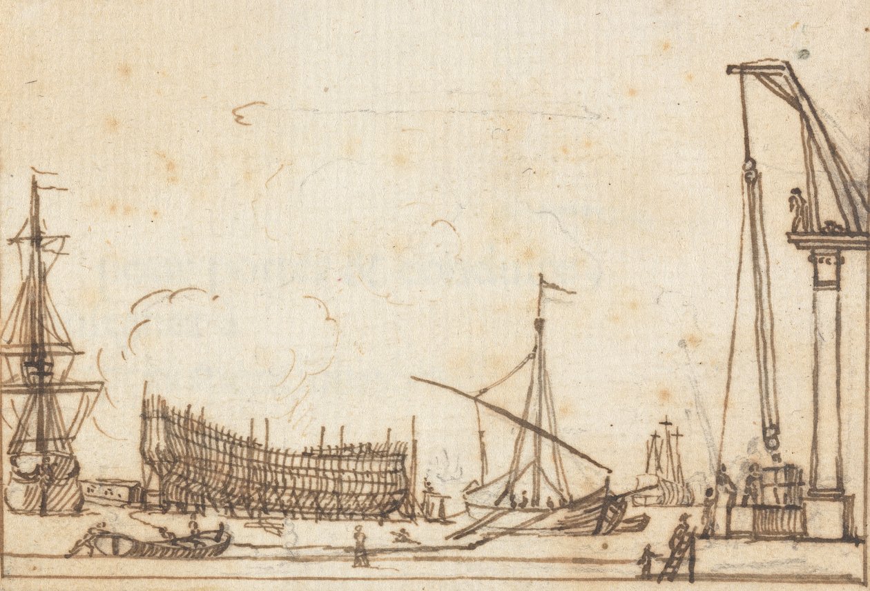 Dockscen: Båtar och fartyg av olika storlekar; Skeppsbyggnad; Remskiva-liknande maskiner med operatörer av Joseph Cartwright