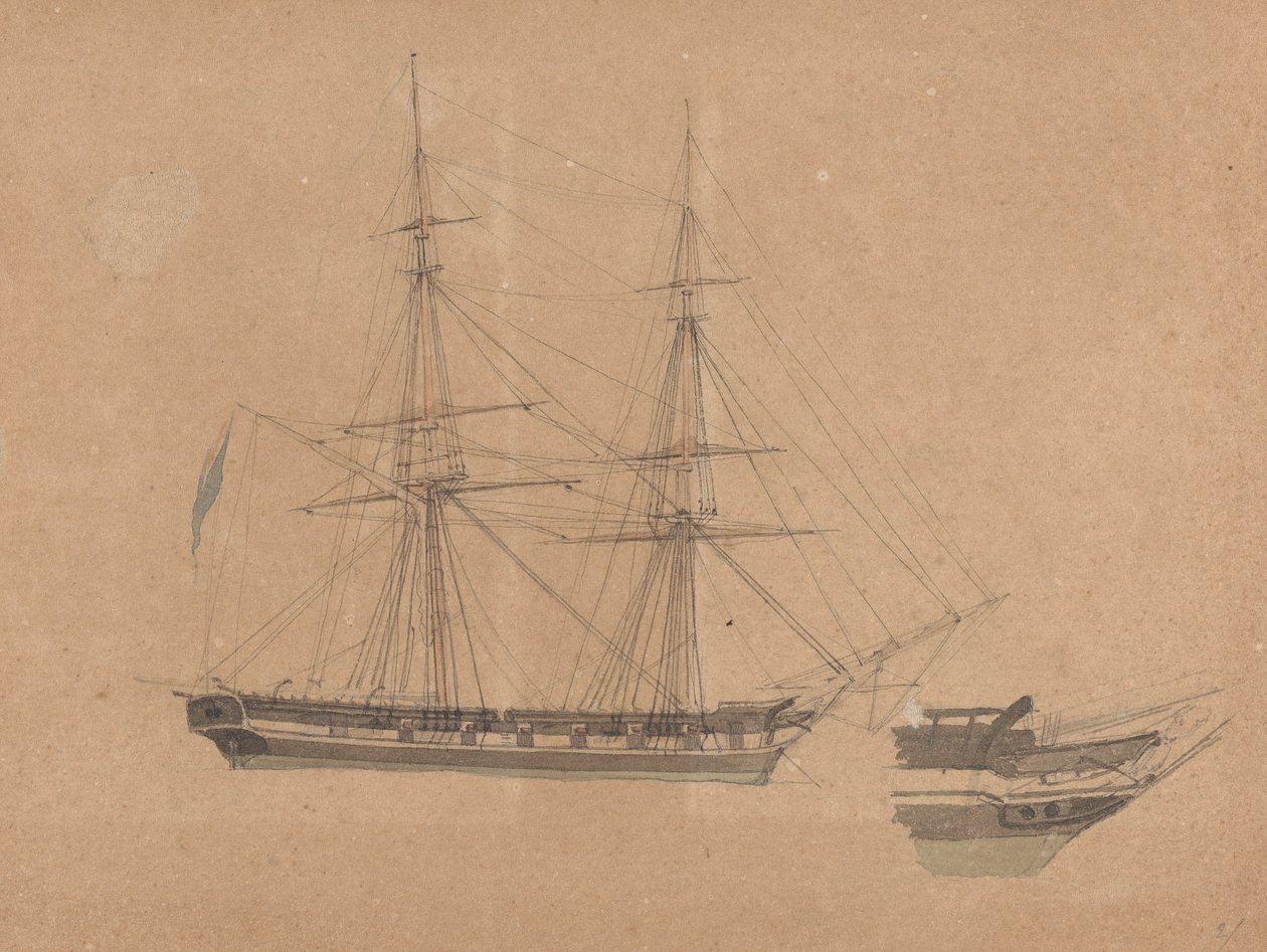 Sidovy av singelbriggen och fören av en annan av Joseph Cartwright