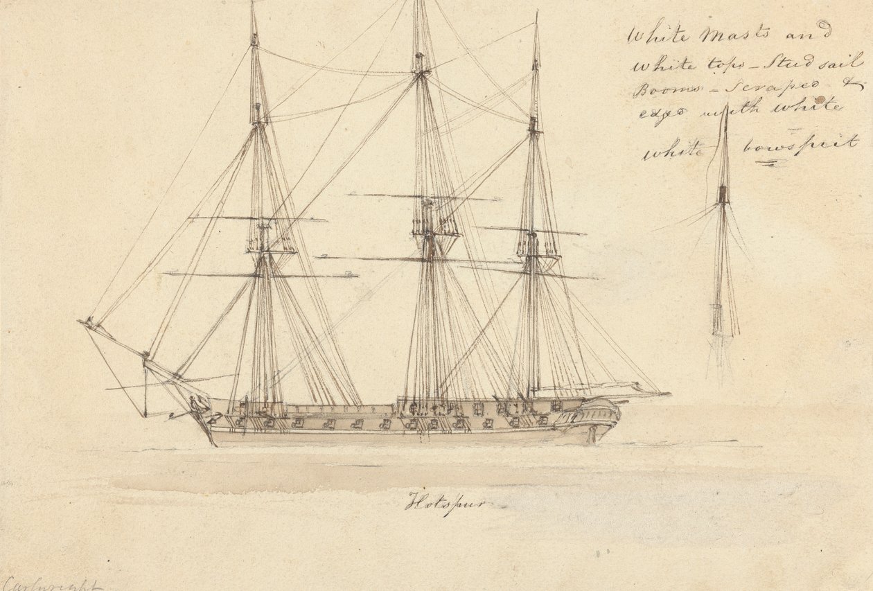 Sidovy av singelkorvett och toppen av singelmast, Hotspur av Joseph Cartwright