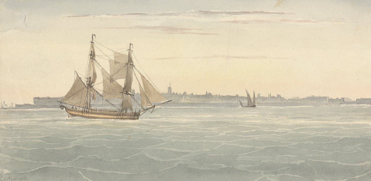 Enskild brigg (?) Ännu ett segelfartyg mot kontur av staden i bakgrunden av Joseph Cartwright