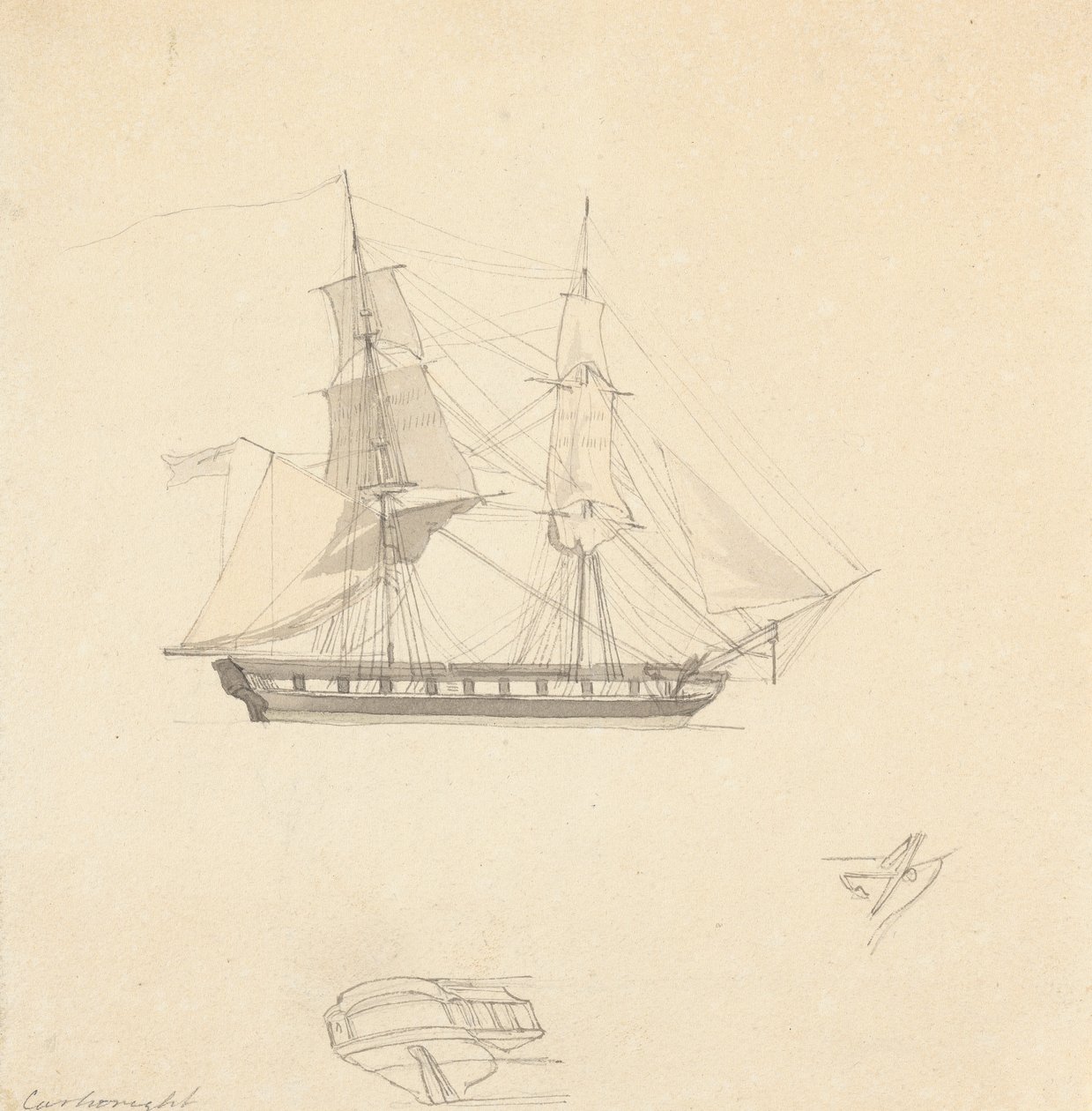 Single Brig; Skisser av separat akter och gummi av Joseph Cartwright