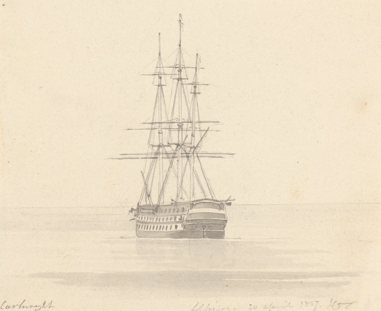 Enkel fregatt, akter framåt; Albion 20 april 1817 av Joseph Cartwright