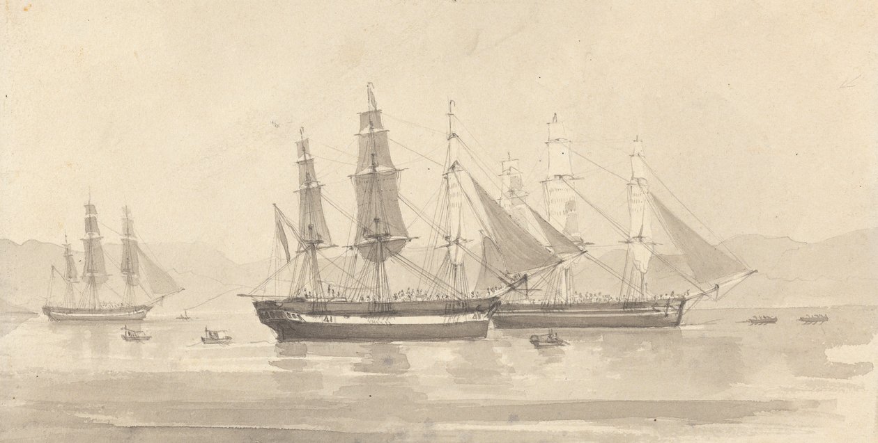 Tre skepp med barkliknande rigg av Joseph Cartwright
