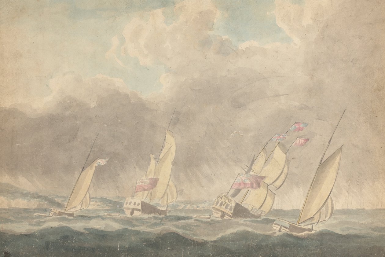 Två krigsslupar, en bark och en skonare (?), Sterns Forward, in Heavy Seas; Flera segelfartyg i bakgrunden av Joseph Cartwright