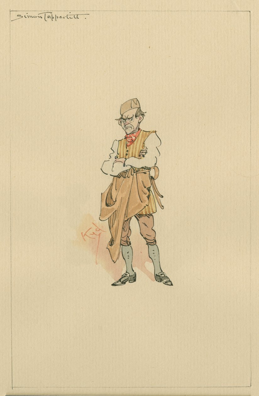 Simon Tappertit, ca 1920-talet (penna och bläck med wc på papper) av Joseph Clayton Clarke