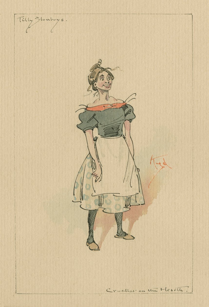 Tilly Slowboy - The Cricket on the Hearth, ca 1920-talet (penna och bläck med wc på papper) av Joseph Clayton Clarke