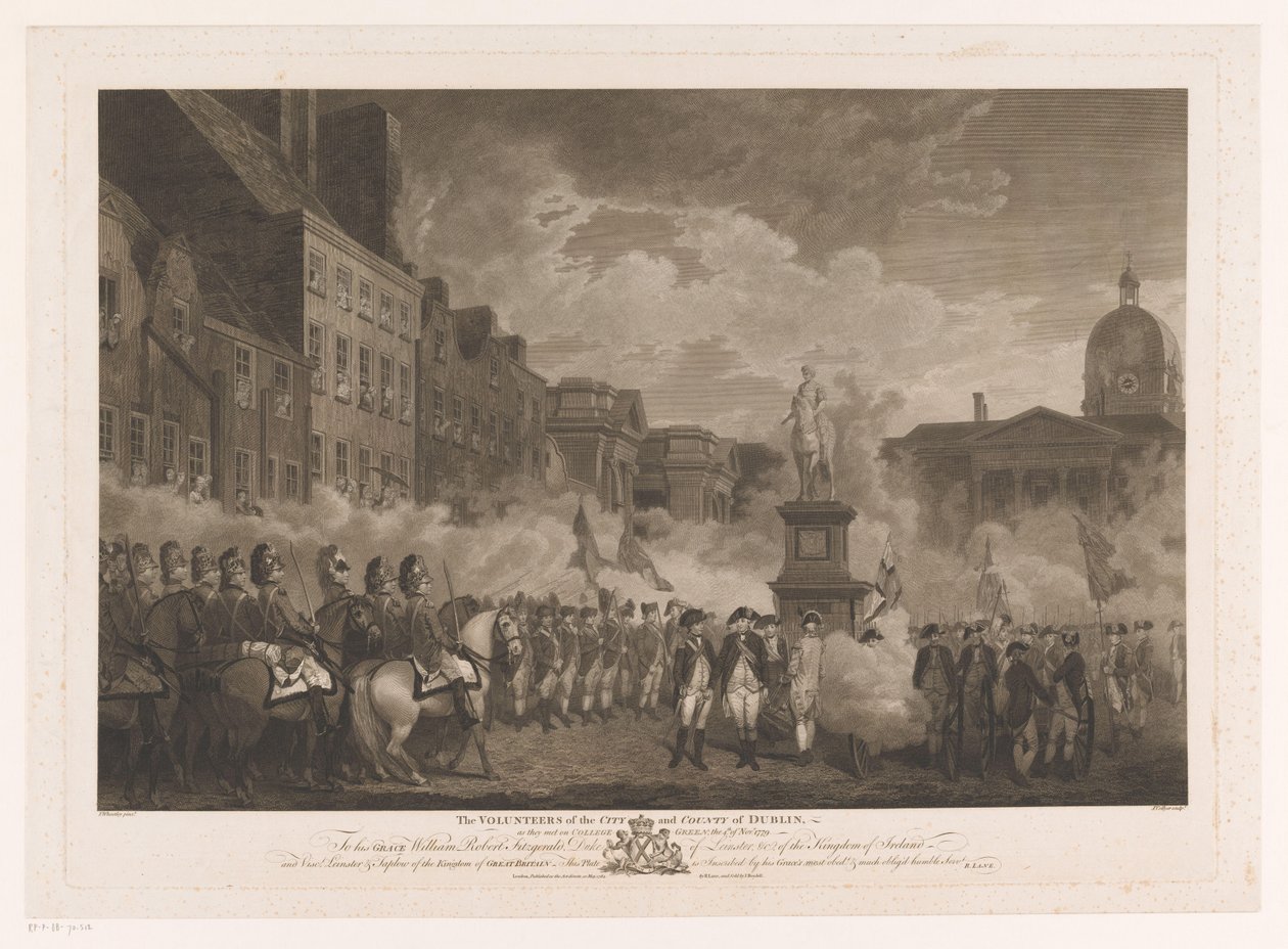 Ontmoeting van soldaten på College Green te Dublin The Volunteers of the City and County of Dublin (titel på objekt) av Joseph Collyer