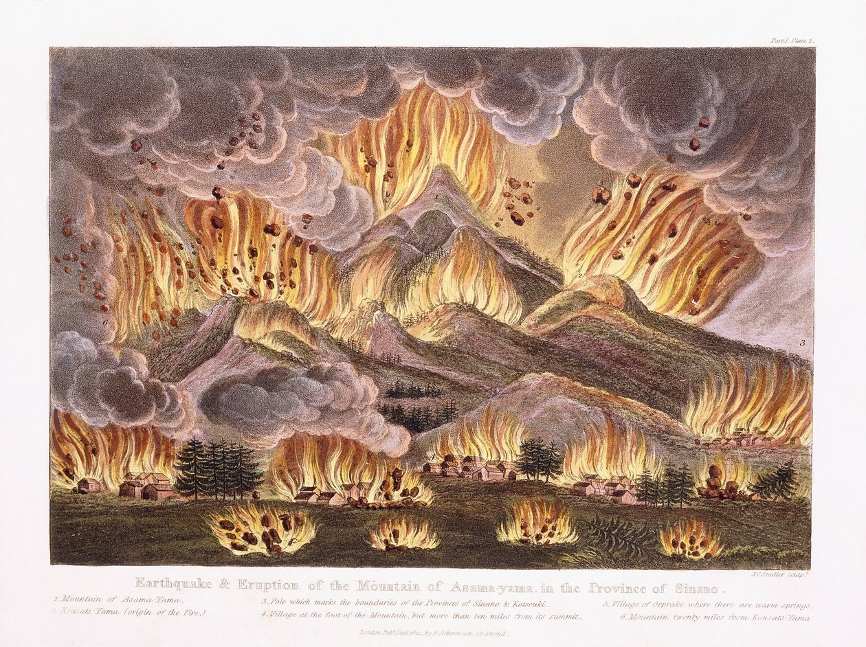Jordbävning och utbrott av berget Asama-yama i provinsen Sinano, 1822 av Joseph Constantine Stadler