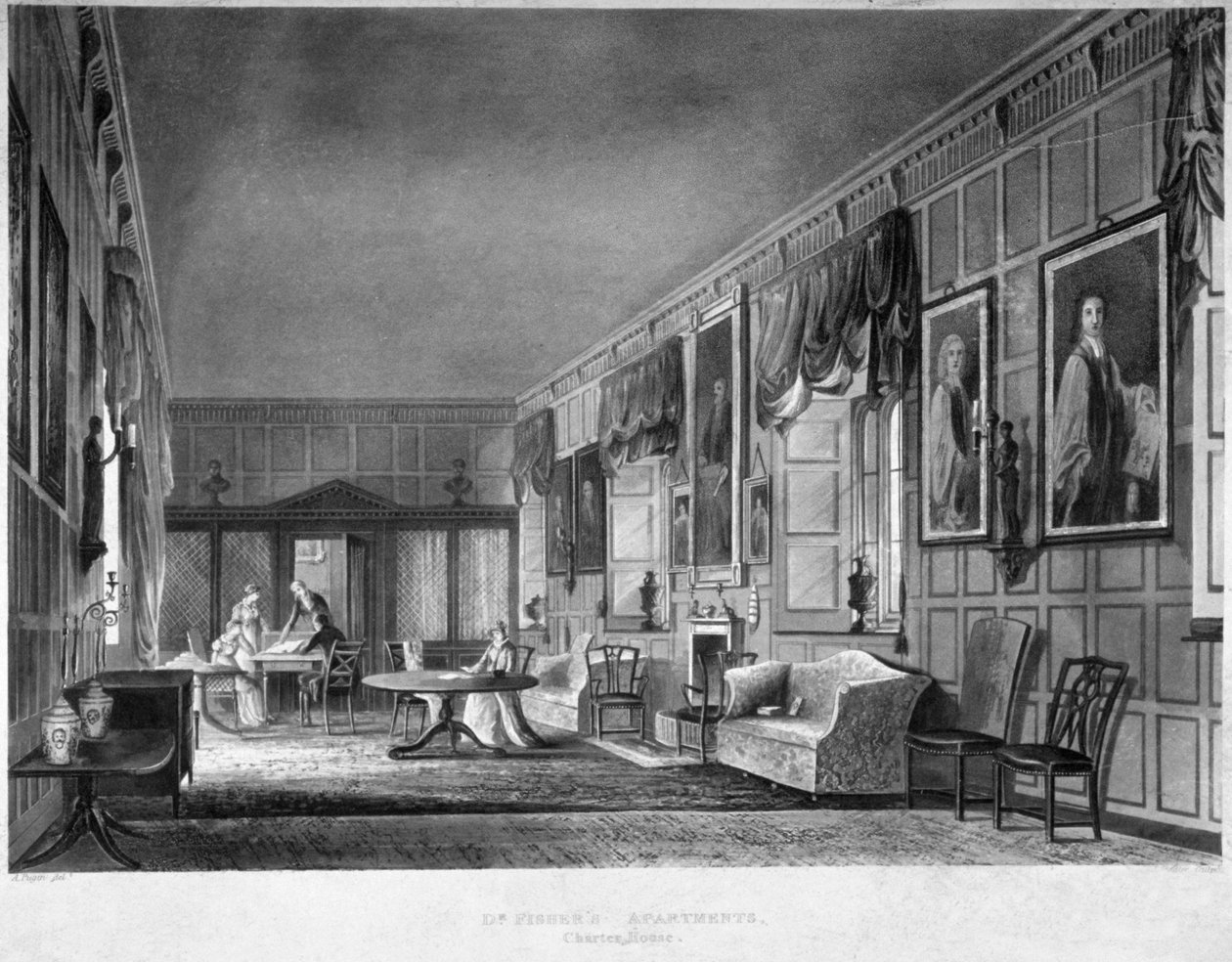Interiörvy av Dr Fishers lägenheter, Charterhouse, Finsbury, London, 1816. av Joseph Constantine Stadler