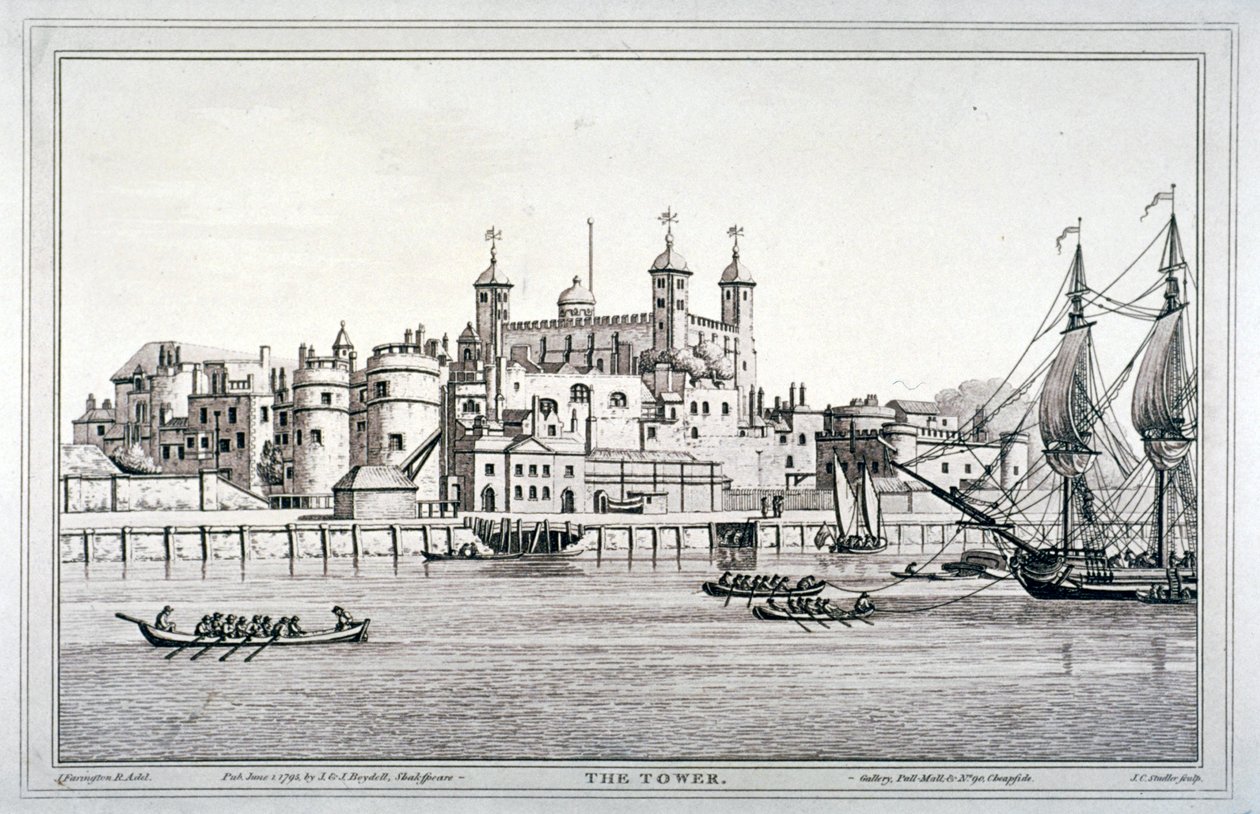 Söderutsikt över Tower of London med båtar på Themsen, 1795 av Joseph Constantine Stadler