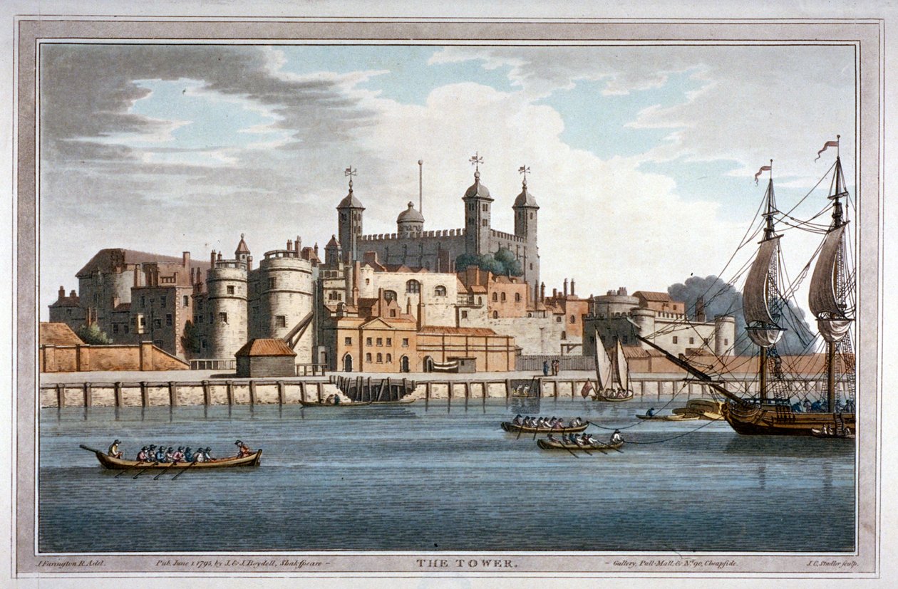 Södervy av Tower of London med båtar på Themsen, 1795 av Joseph Constantine Stadler