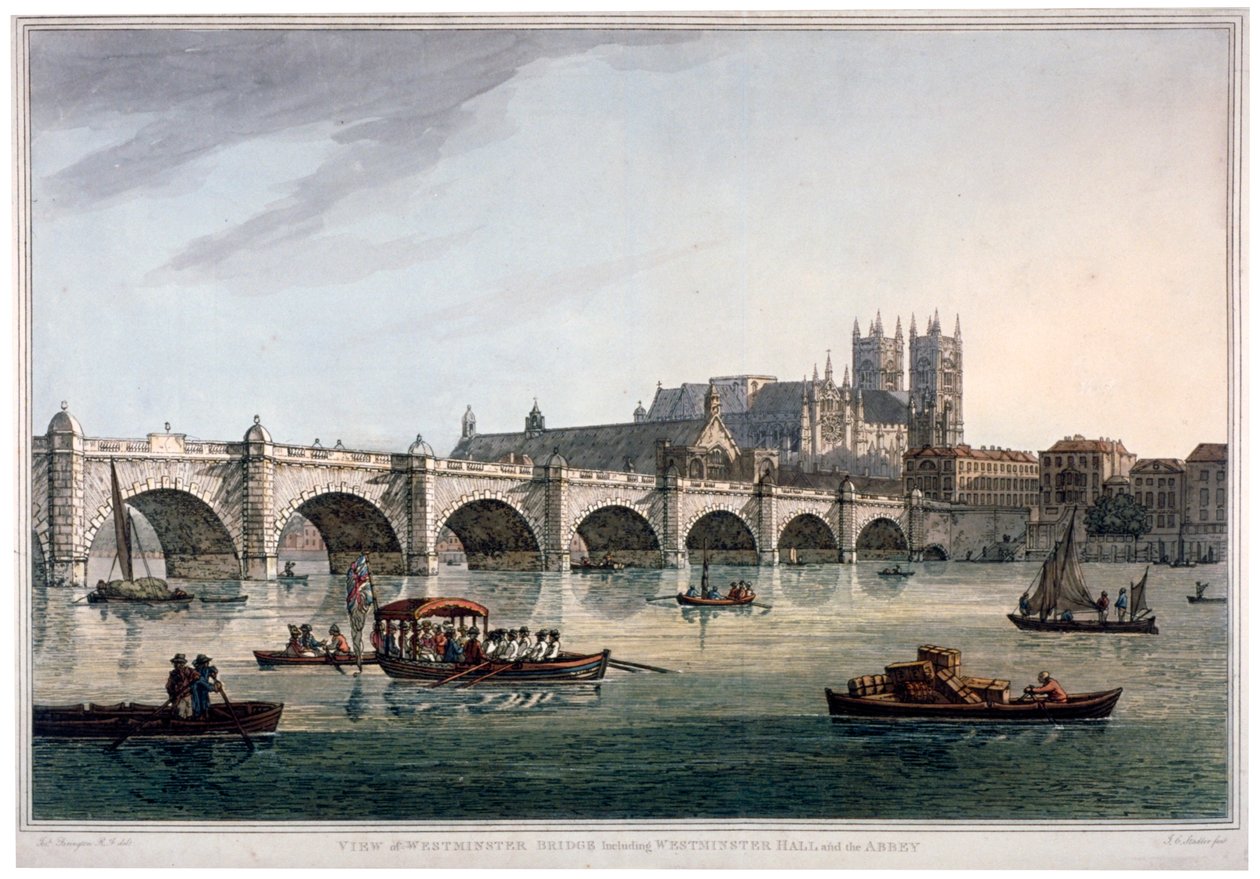 Westminster Bridge, Westminster Abbey och Westminster Hall, London, 1789. av Joseph Constantine Stadler