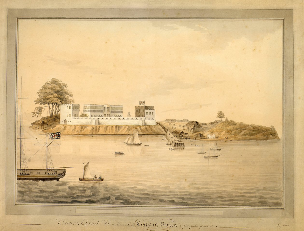 Vy över Bance Island, Sierra Leone, Afrika, ca 1805 (akvarell) av Joseph Corry