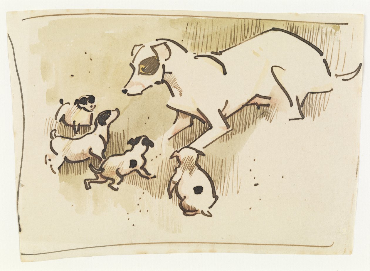 Foxterrier och valpar (penna och tvätt på papper) av Joseph Crawhall