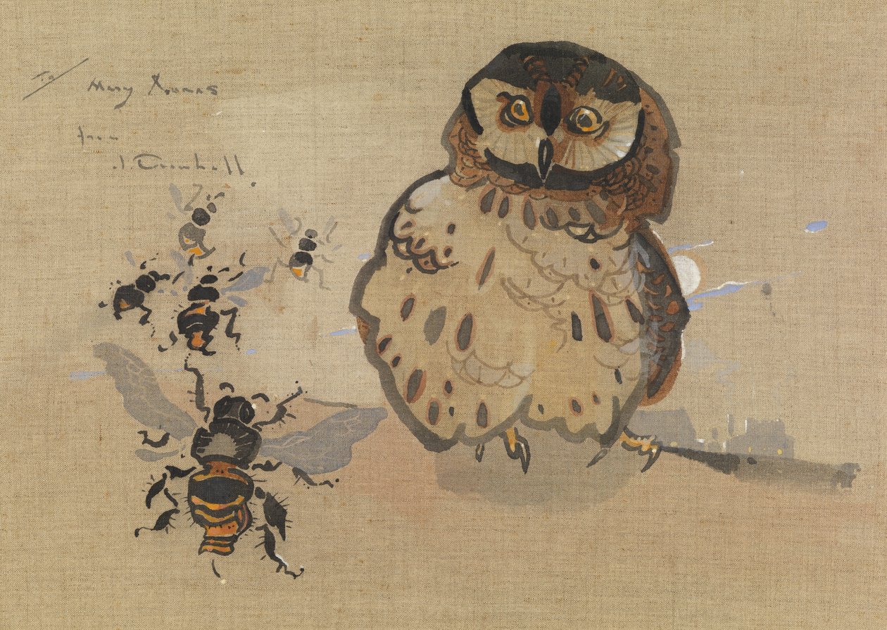 Uggla och bin (gouache på linne) av Joseph Crawhall