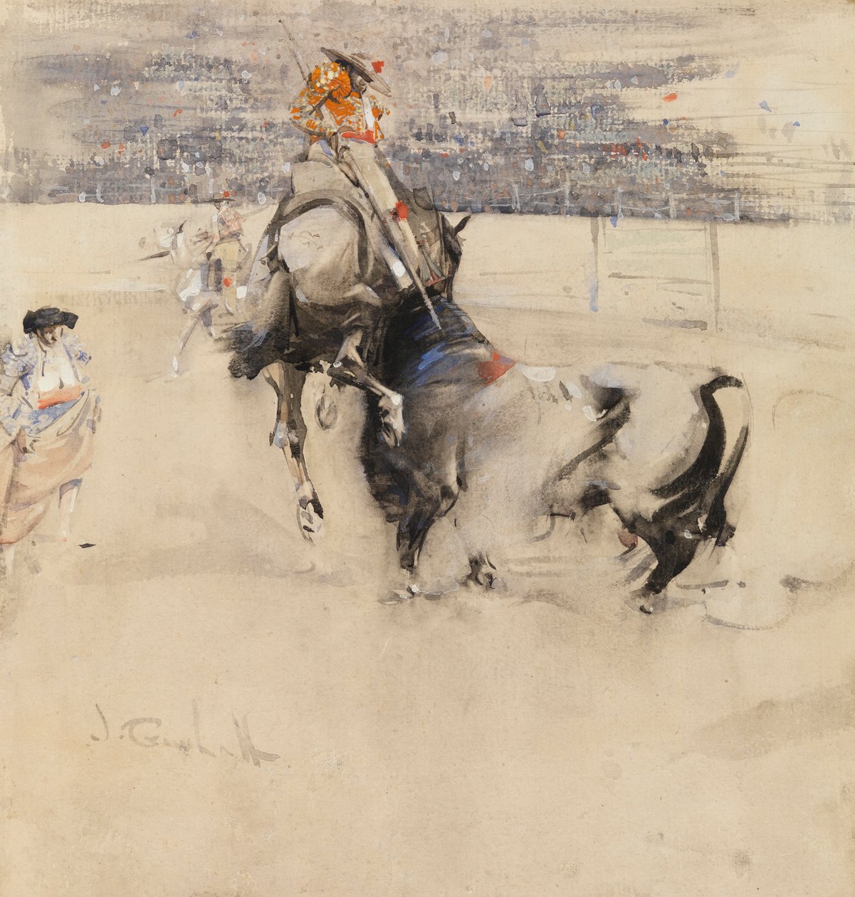 Tjurfäktningen i Algeciras (akvarell med kroppsfärg på papper) av Joseph Crawhall