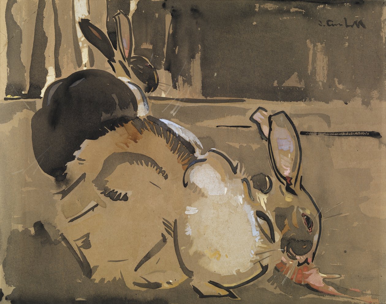 Två kaniner, en äter morötter (tvätt och kroppsfärg på papper) av Joseph Crawhall