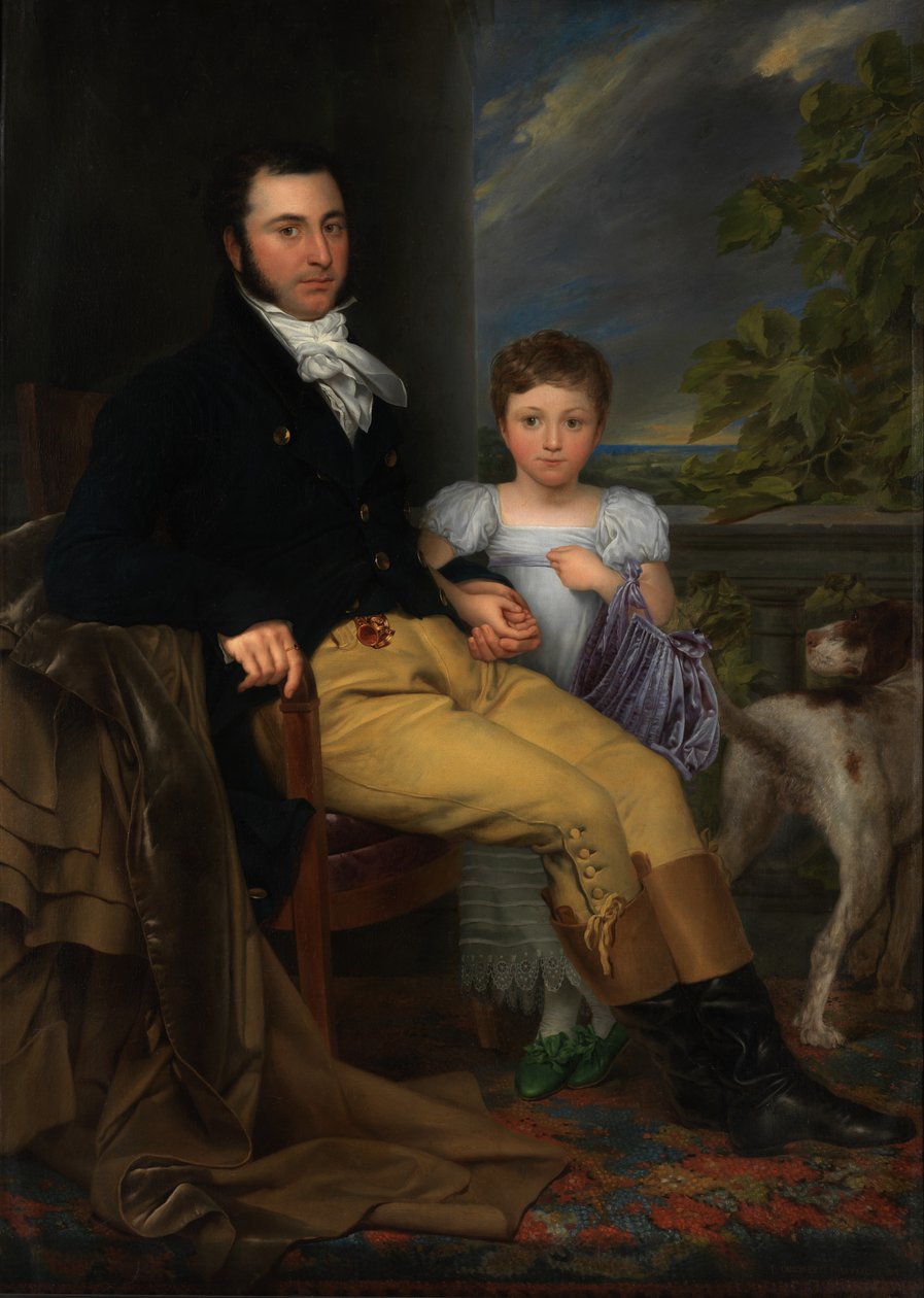 Porträtt av en framstående gentleman med sin dotter och en jakthund (olja på duk) av Joseph Denis Odevaere