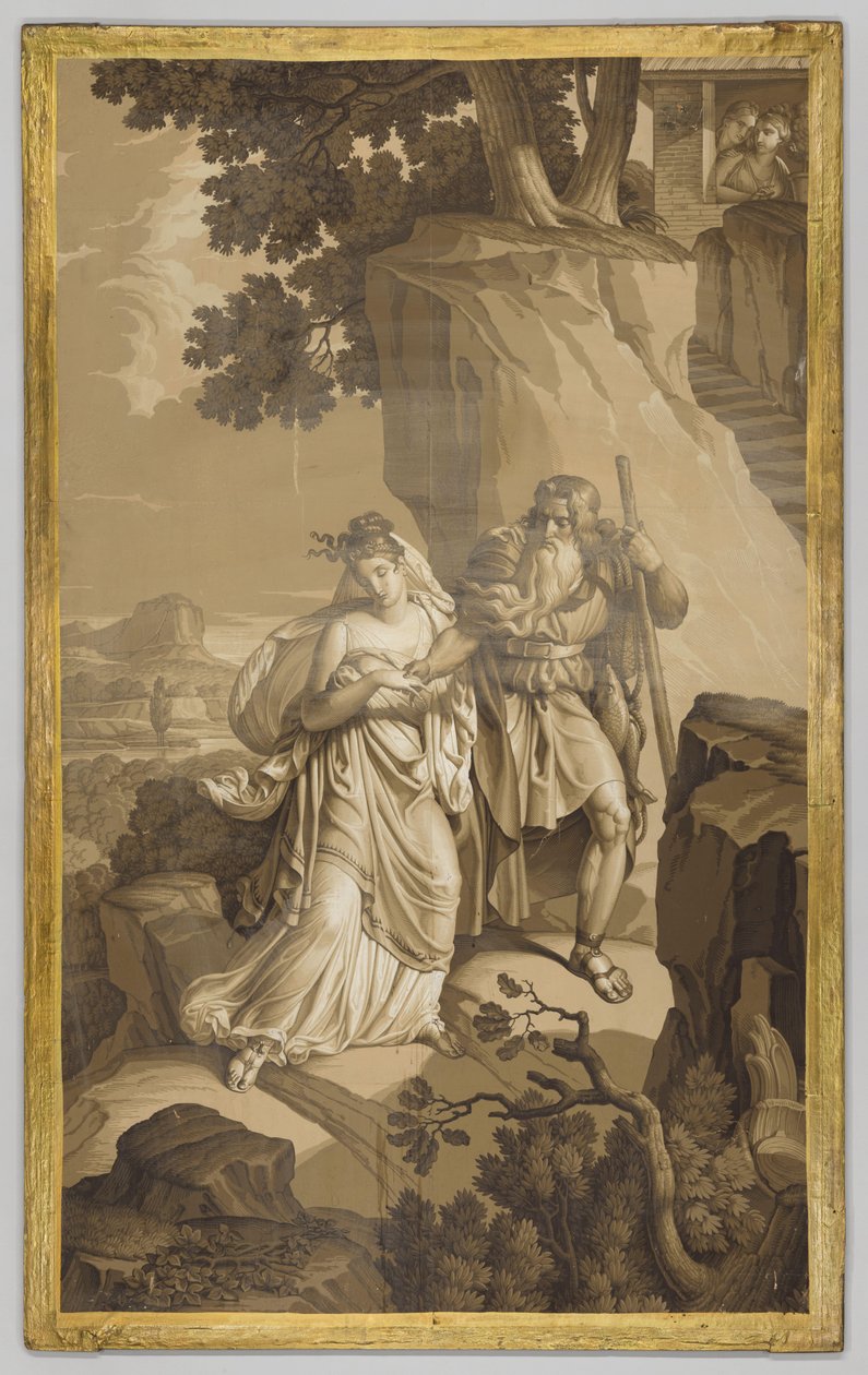 Tapeter, panel, föreställande Les Amours de Psyche: Psyche på stenhuggen trappa, i grisailletoner av Joseph Dufour