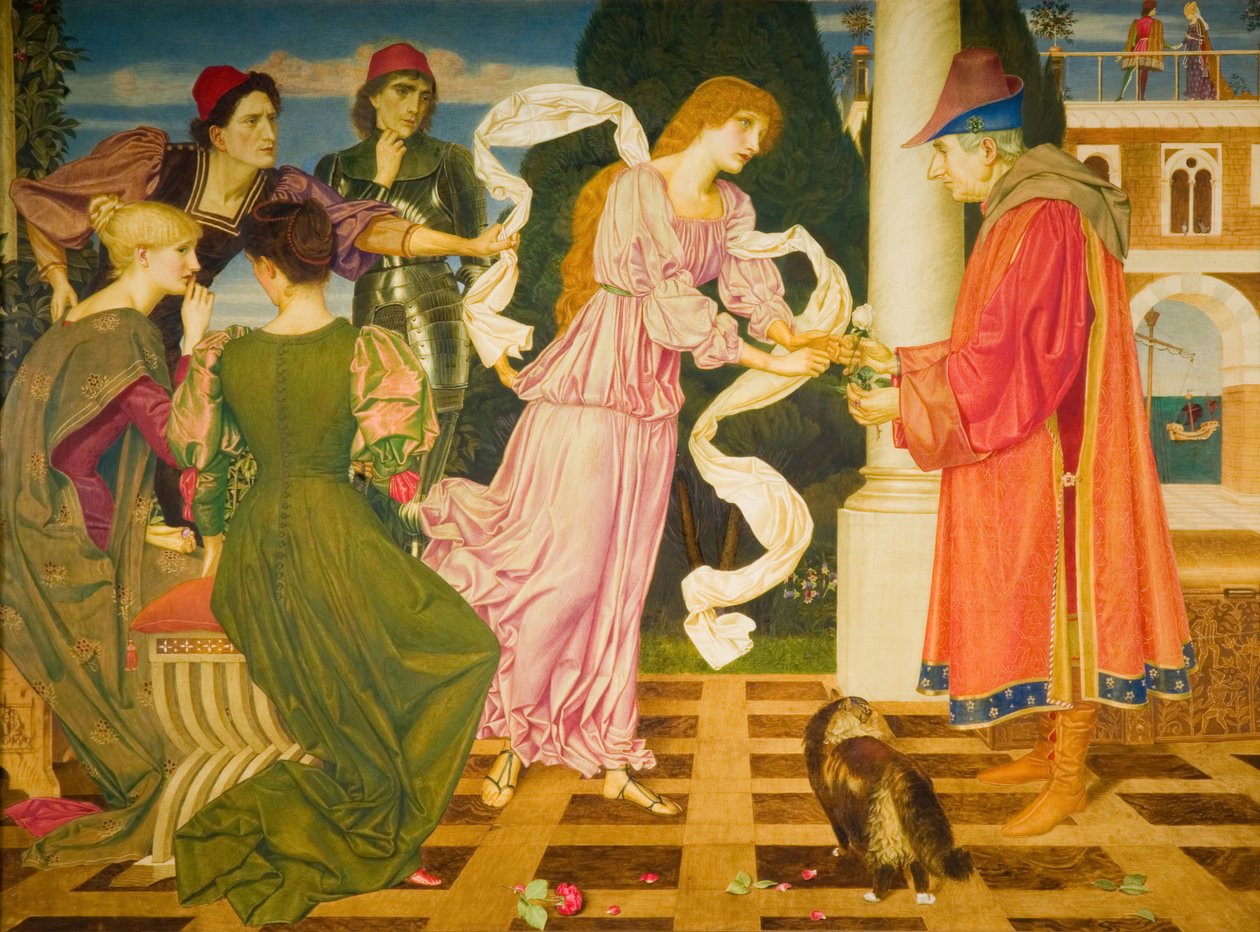 Skönhet som tar emot den vita rosen från sin far, 1899. av Joseph Edward Southall