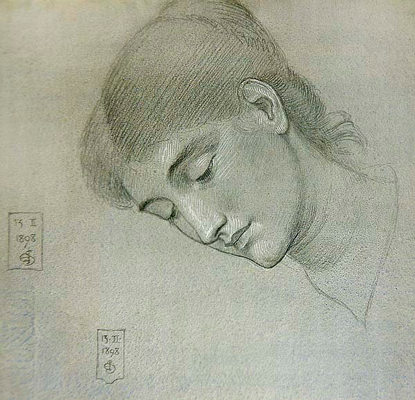 Huvudstudie av en flicka som tittar ner av Joseph Edward Southall