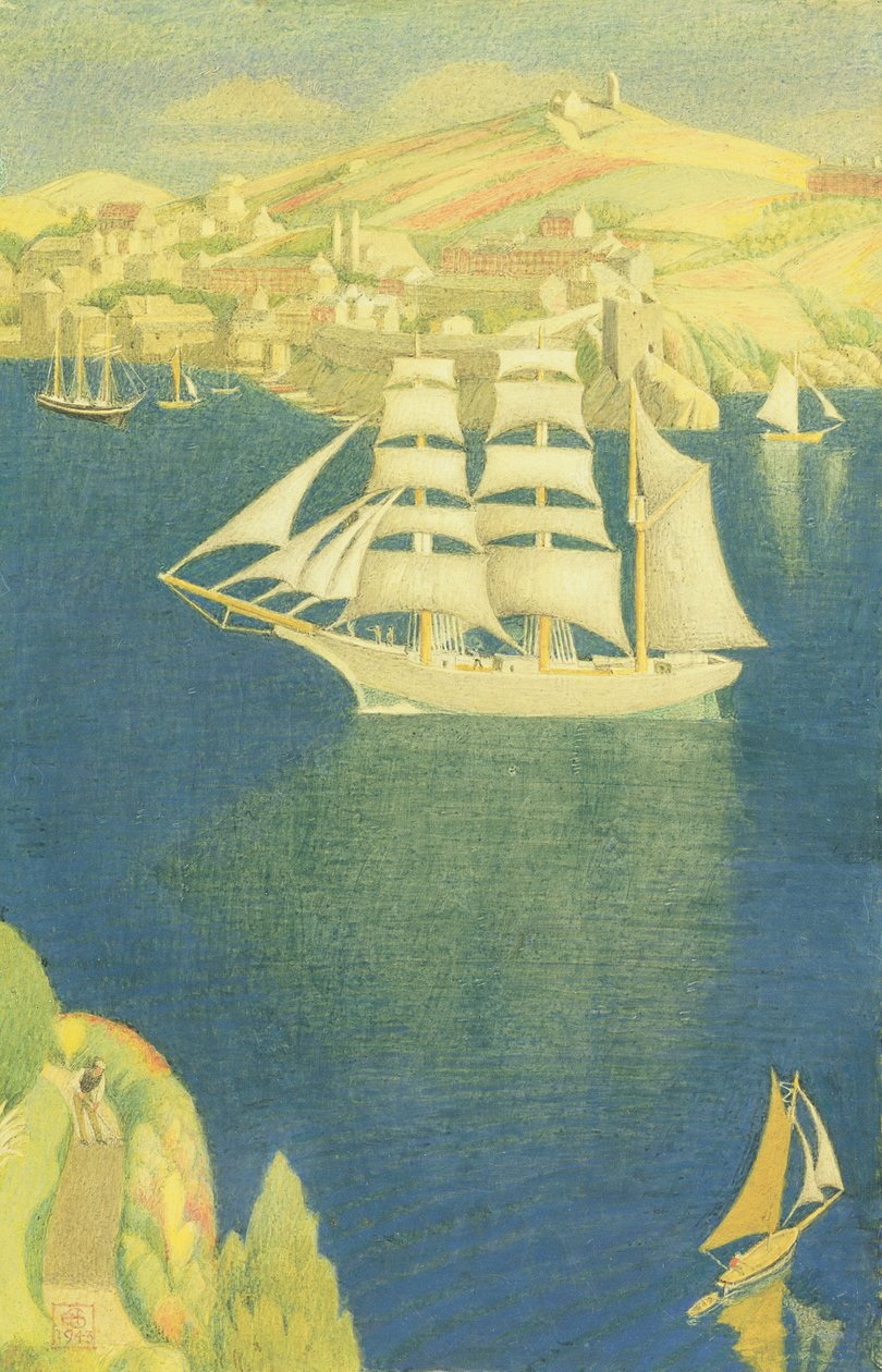 The White Barque at Fowey, 1943 (tempera ombord) av Joseph Edward Southall