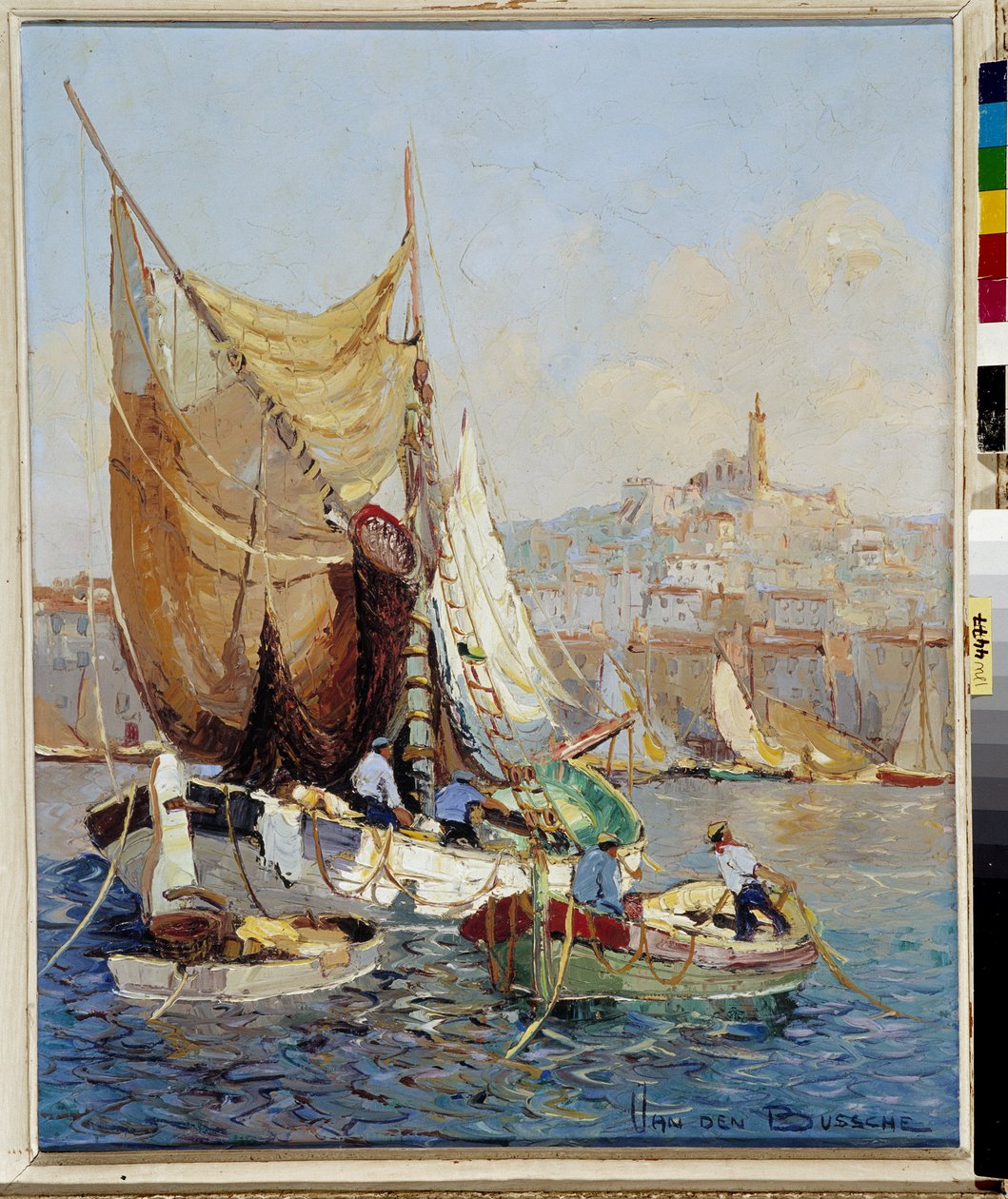 Fiskare i Marseilles gamla hamn Målning av Fernand Van Den Bussche (1892-1975) 1900-talet Obligatoriskt omnämnande: Samlingsstiftelsen angående de Provence, Marseille av Joseph Emanuel Van Den Bussche
