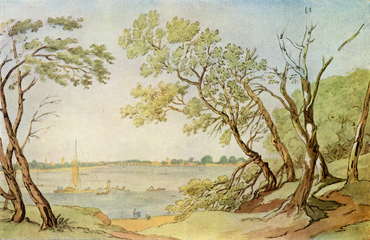 "Chelsea Bridge från Millbank", 1790, 1943. av Joseph Farington