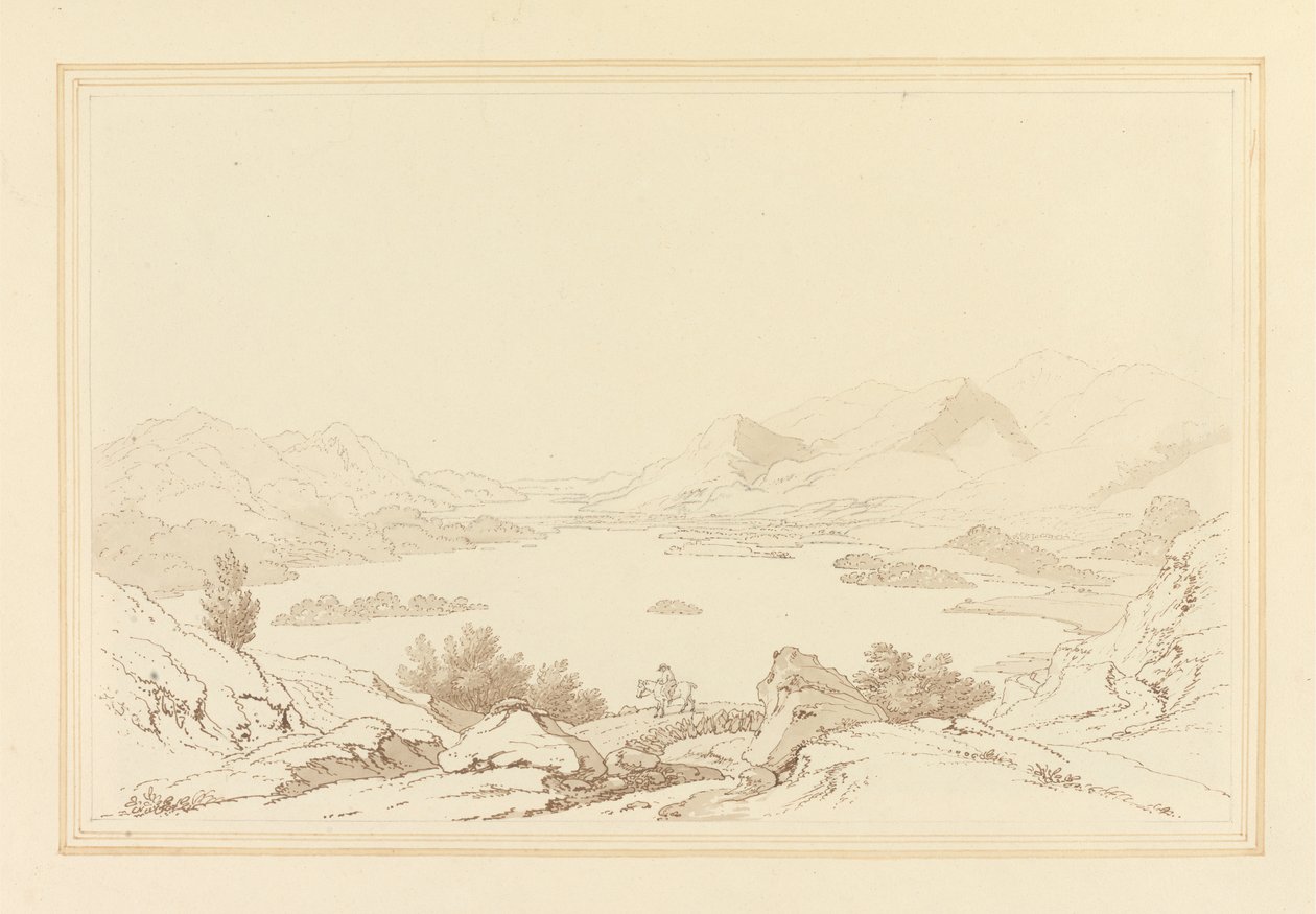 Allmän utsikt över Lake of Derwent Water (penna och bläck med wc över grafit på vävt papper) av Joseph Farington