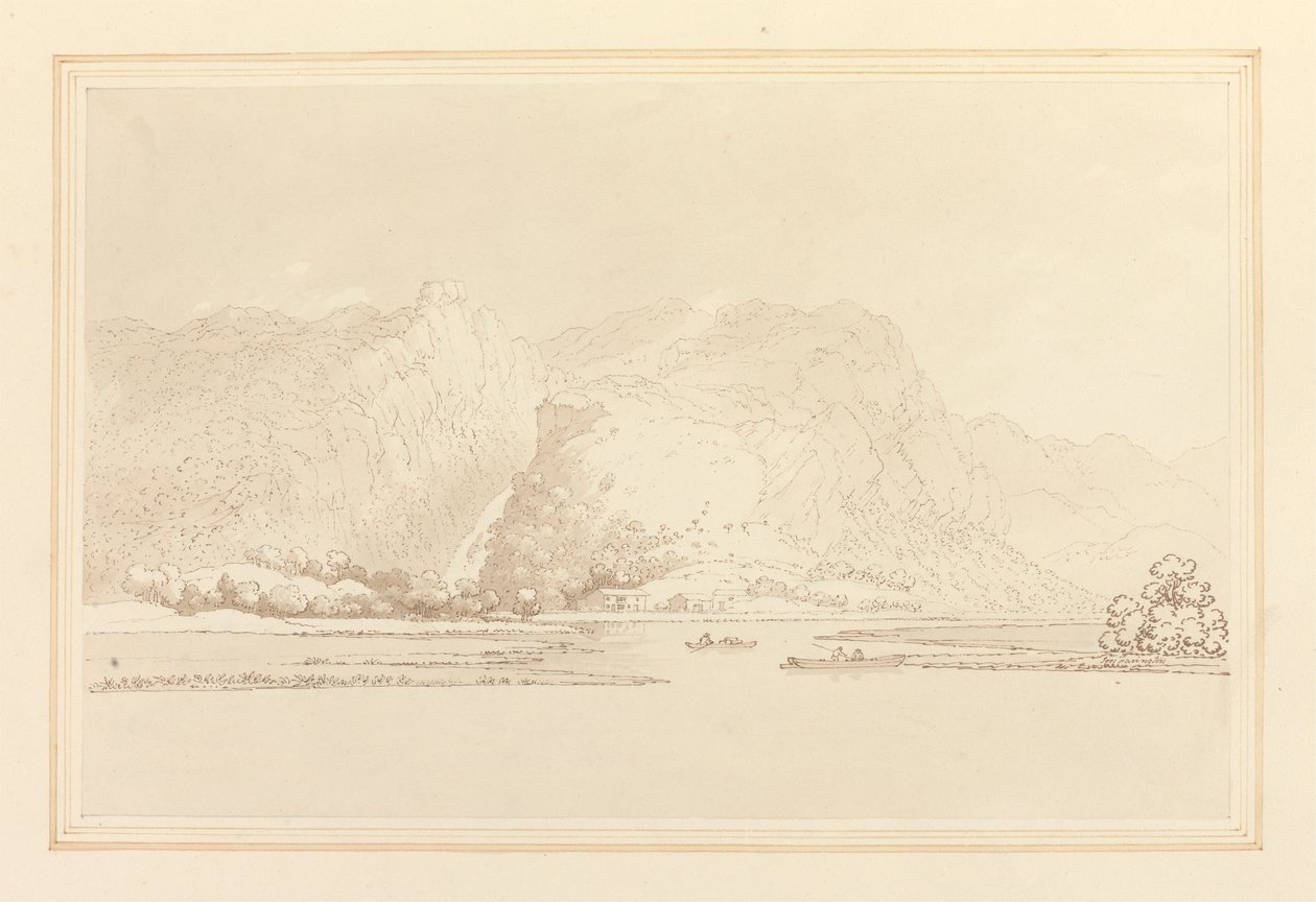 Lodore Cottage stenar och faller av Joseph Farington
