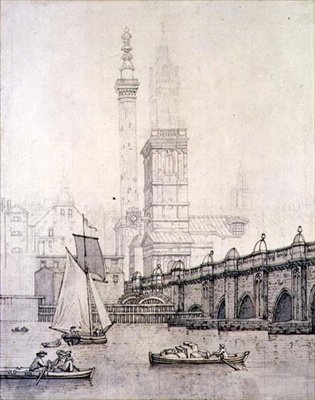 Old London Bridge och monumentet av Joseph Farington