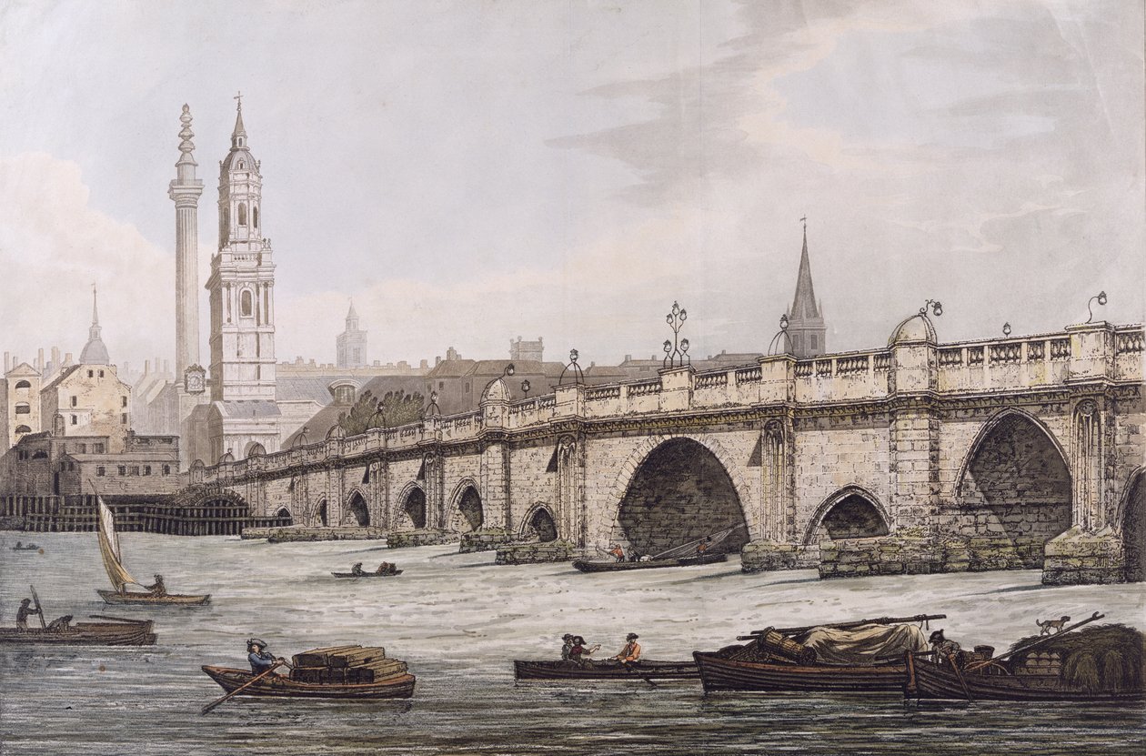 Vy över London Bridge, inklusive Church of St. Magus och The Monument, graverad av J.C. Stadler av Joseph Farington