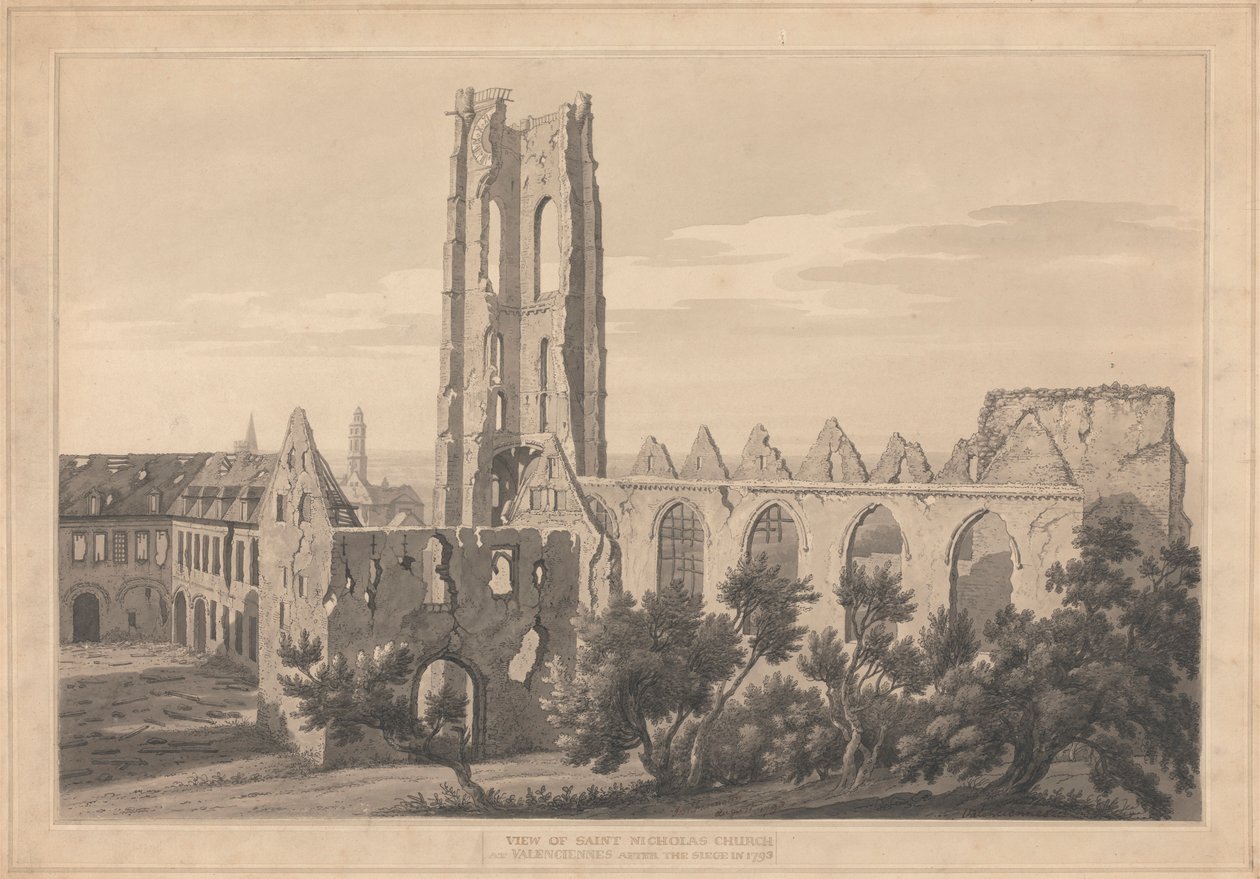 Utsikt över St. Nicholas Church i Valenciennes efter belägringen av Joseph Farington