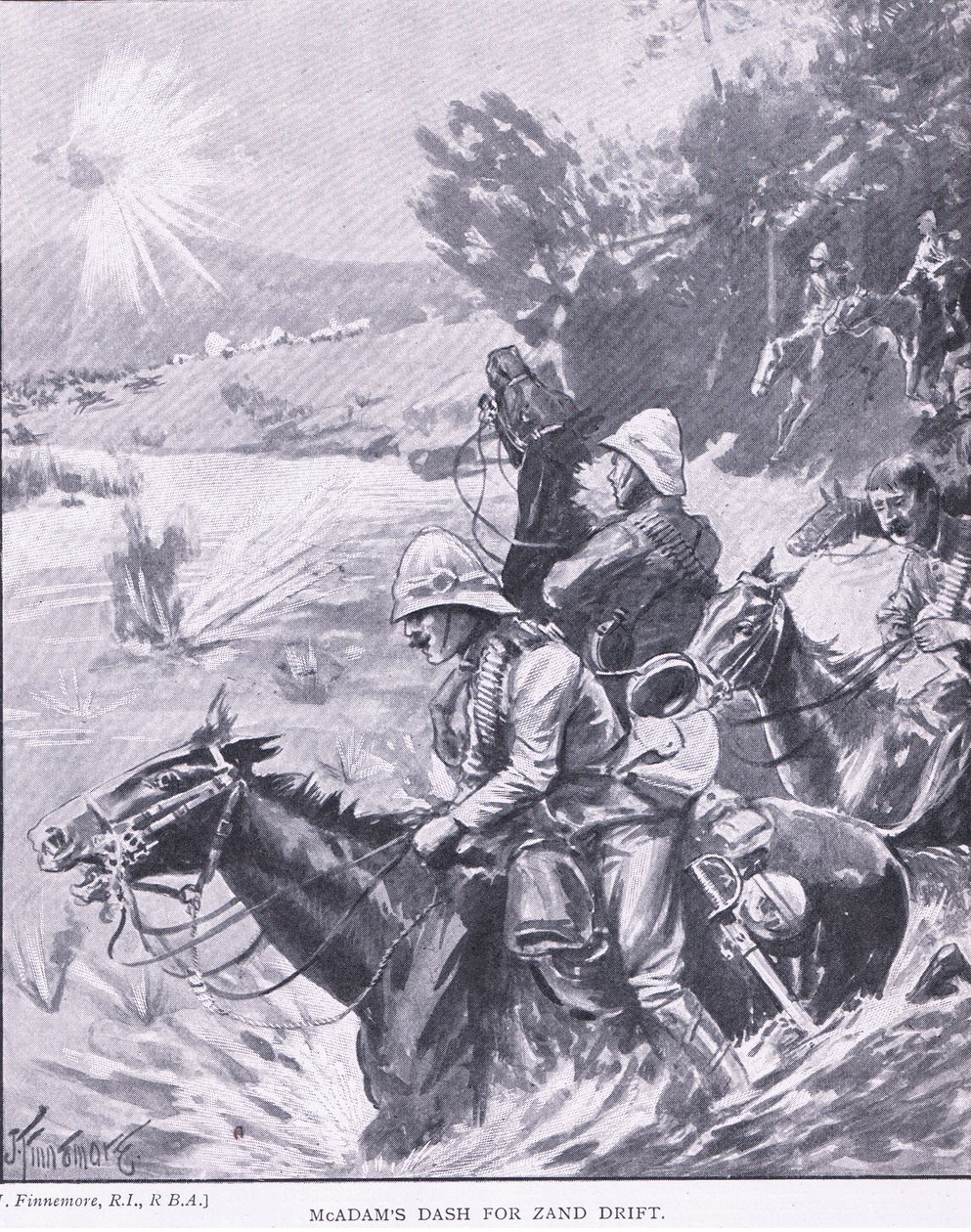 McAdams dash för Zand Drift, från After Pretoria: The Guerilla War publicerad av Harmsworth Bros Limited, 1901 av Joseph Finnemore