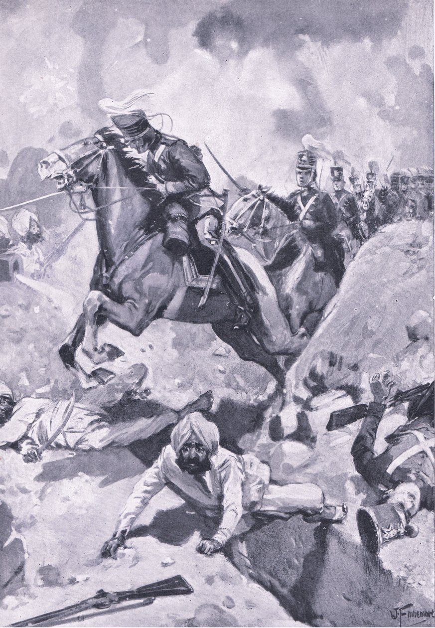 Sobraon: Sir Joseph Thackwell leder 3rd Light Dragoons i en fil genom några sikhiska jordarbeten, illustration från British Battles on Land and Sea, 1915 av Joseph Finnemore