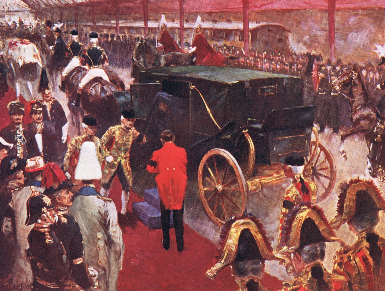 Hennes majestät drottning Alexandras ankomst till Paddington Station i samband med begravningen av hennes framlidna majestät drottning Victoria den 2 februari 1901, illustration från Cassells History of England, 1900-talet av Joseph Finnemore