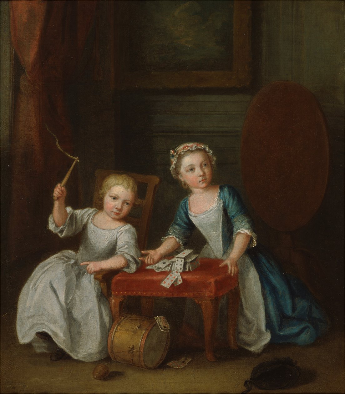 Två barn av familjen Nollekens, förmodligen Jacobus och Maria Sophia, leker med en topp och spelar kort, 1745 av Joseph Francis Nollekens
