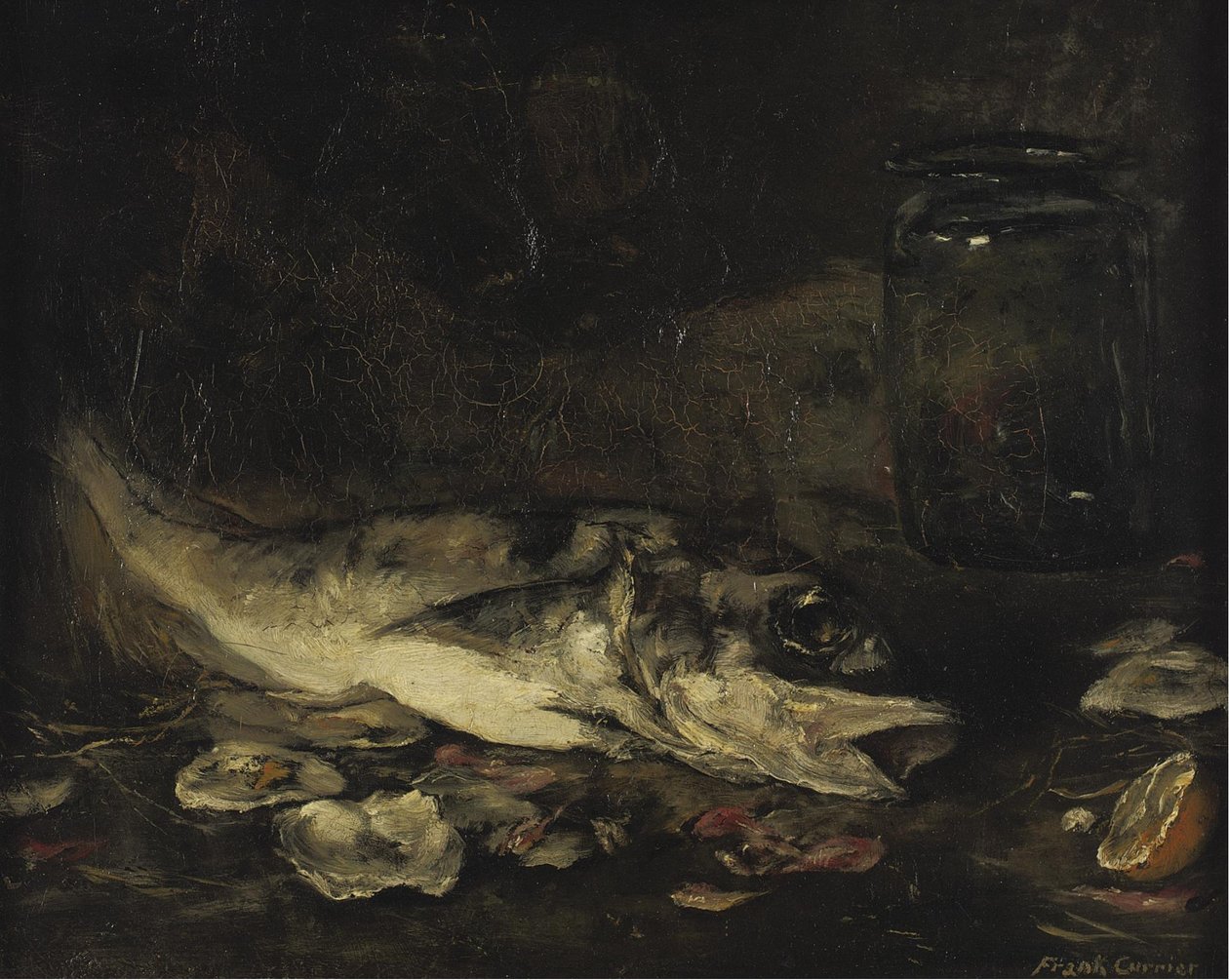 Stilleben med fisk och apelsiner av Joseph Frank Currier