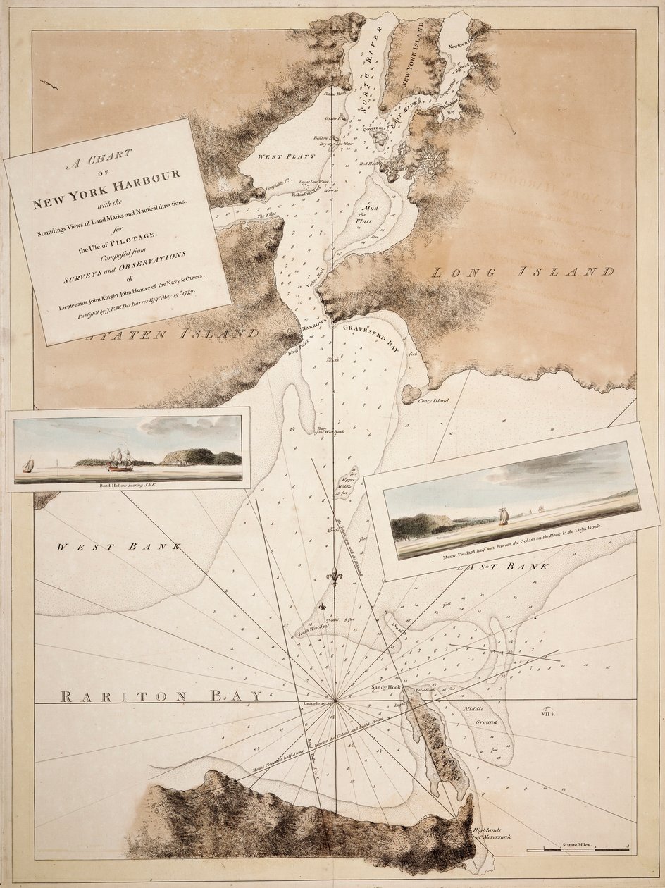 Ett sjökort över New Yorks hamn med sonderingar, utblickar över landmärken och nautiska anvisningar för användning av lotsar. Sammansatt av undersökningar och observationer av löjtnanter John Knight John Hunter från flottan och andra. av Joseph Frederick Wallet DesBarres