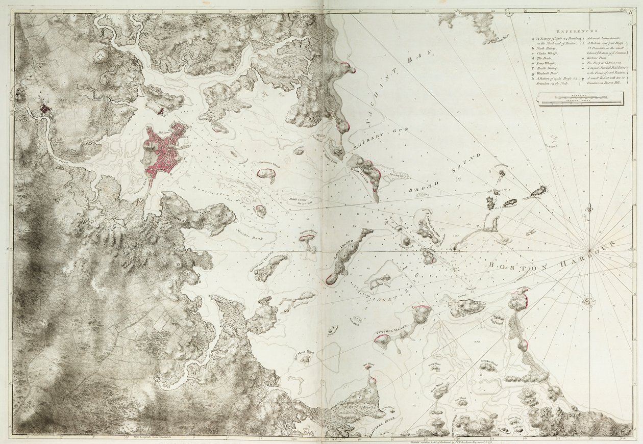 Ett sjökort över Bostons hamn av Joseph Frederick Wallet DesBarres